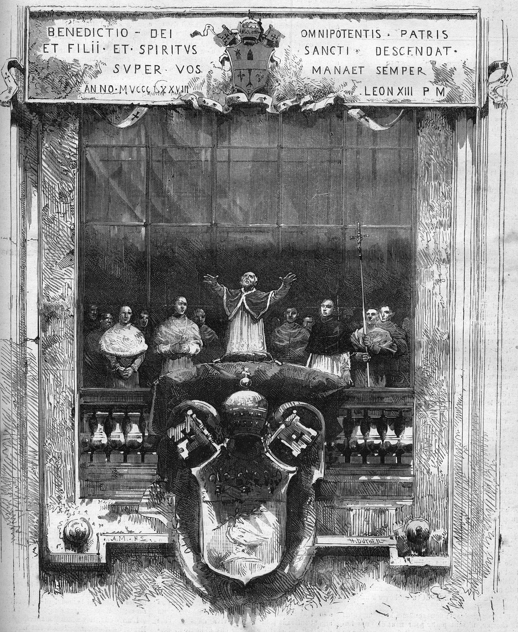 Primeira benção do Papa Leão XIII (Leone) (1810-1903) do topo do pódio interior de São Pedro em 20 de fevereiro de French School