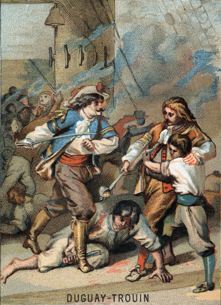 Primeira façanha de Rene Duguay Trouin (Duguay-Trouin) (Rene Trouin du Gue dit) (1673-1736), marinheiro francês: Duguay - Trouin combattant Wassenaer (1695). Cromolitografia da série "Educação Patriótica pela Imagem". de French School