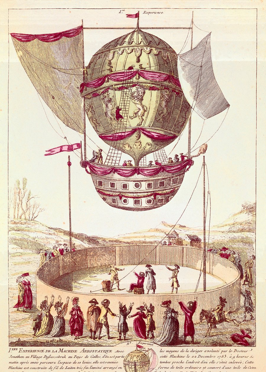 Primeiro voo de um balão de ar quente, 22 de dezembro de 1783 em Defsessebruk (País de Gales) (litografia) de French School