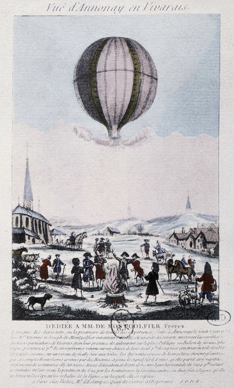 Primeiro voo para Annonay dos irmãos Montgolfiers, em 1783 de French School