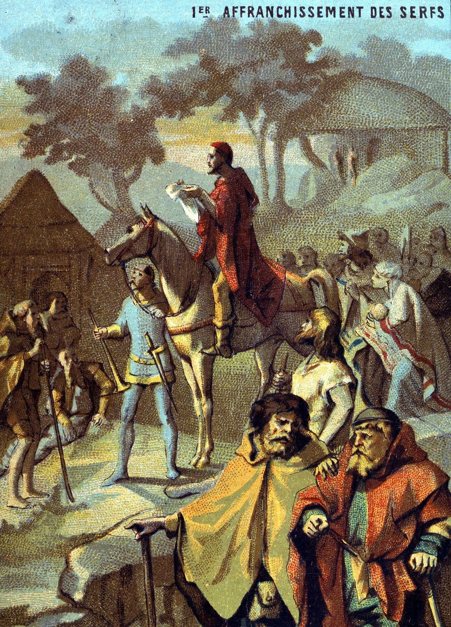 Primeira libertação dos servos (1315) por Louis X. Cromolitografia da série "O ensino patriótico através da imagem". de French School