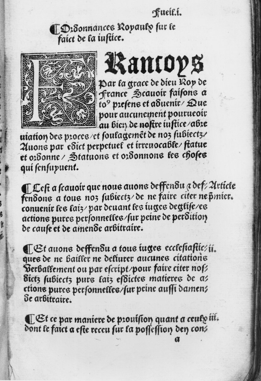 Primeira página da Portaria de Villers-Cotterets, 1539 (impresso) de French School