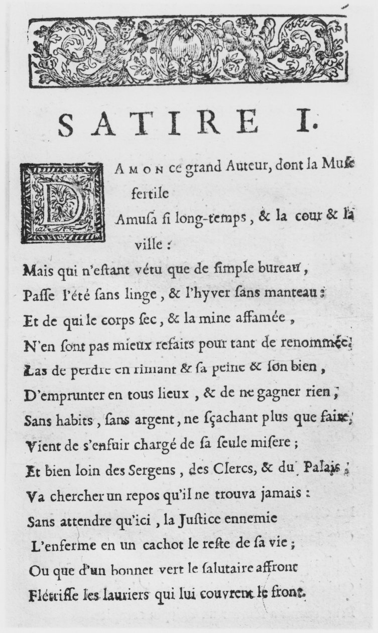 Primeira página de sátiras por Nicolas Boileau, conhecido como Boileau-Despreaux, publicado em 1685 de French School