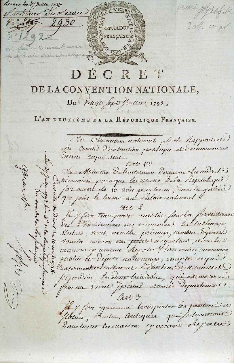 Primeira página do decreto da Convenção Nacional de 27-07-1793 que institui o Palais du Louvre como museu de French School