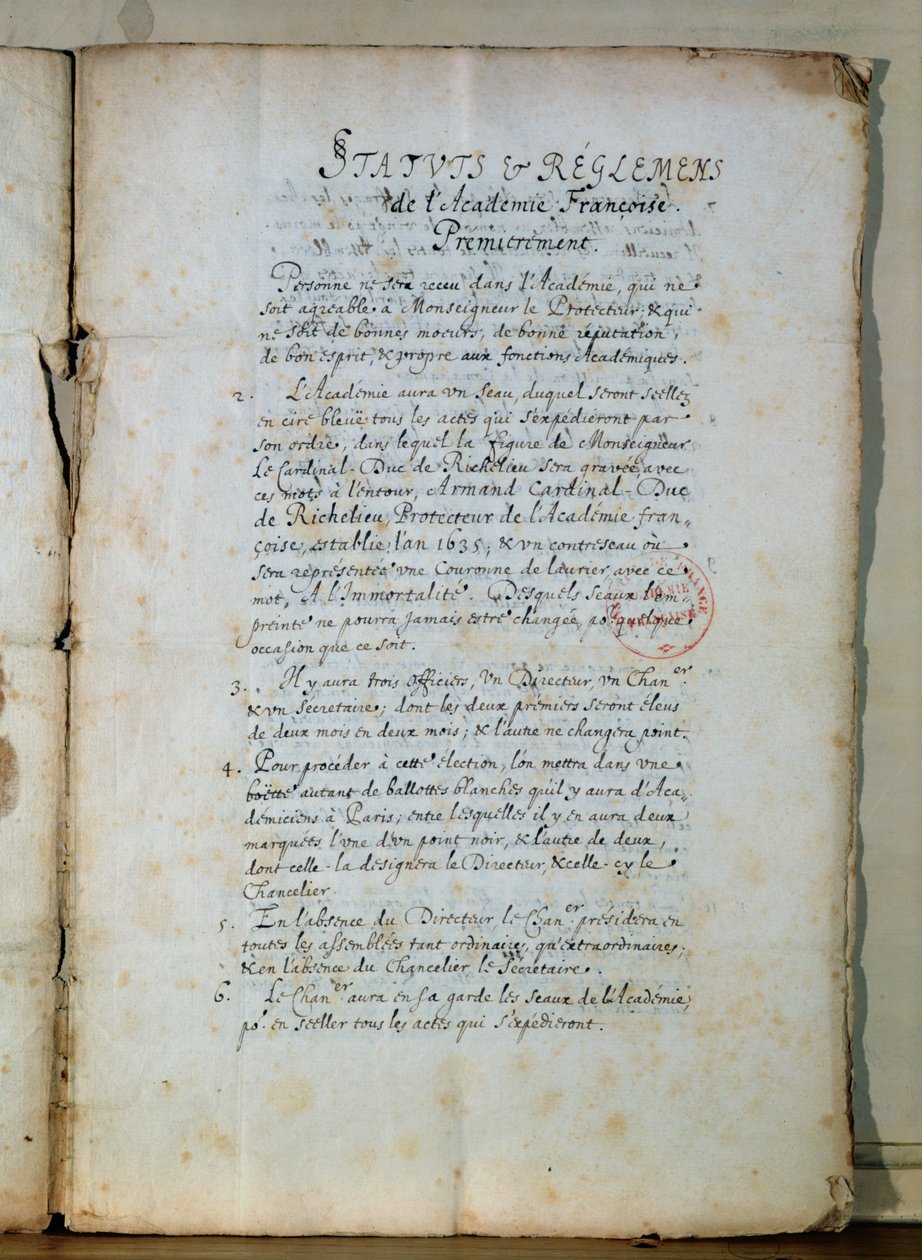 Primeira página dos estatutos da Academia Francesa, 1635 (tinta sobre papel) (ver também 179947) de French School