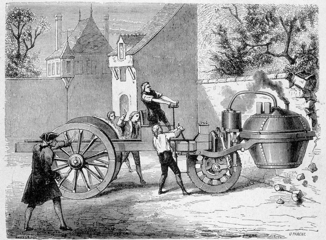 Primeiro carro a vapor (o fardier) experimentado pelo inventor Cugnot, dentro do Arsenal, em Paris de French School