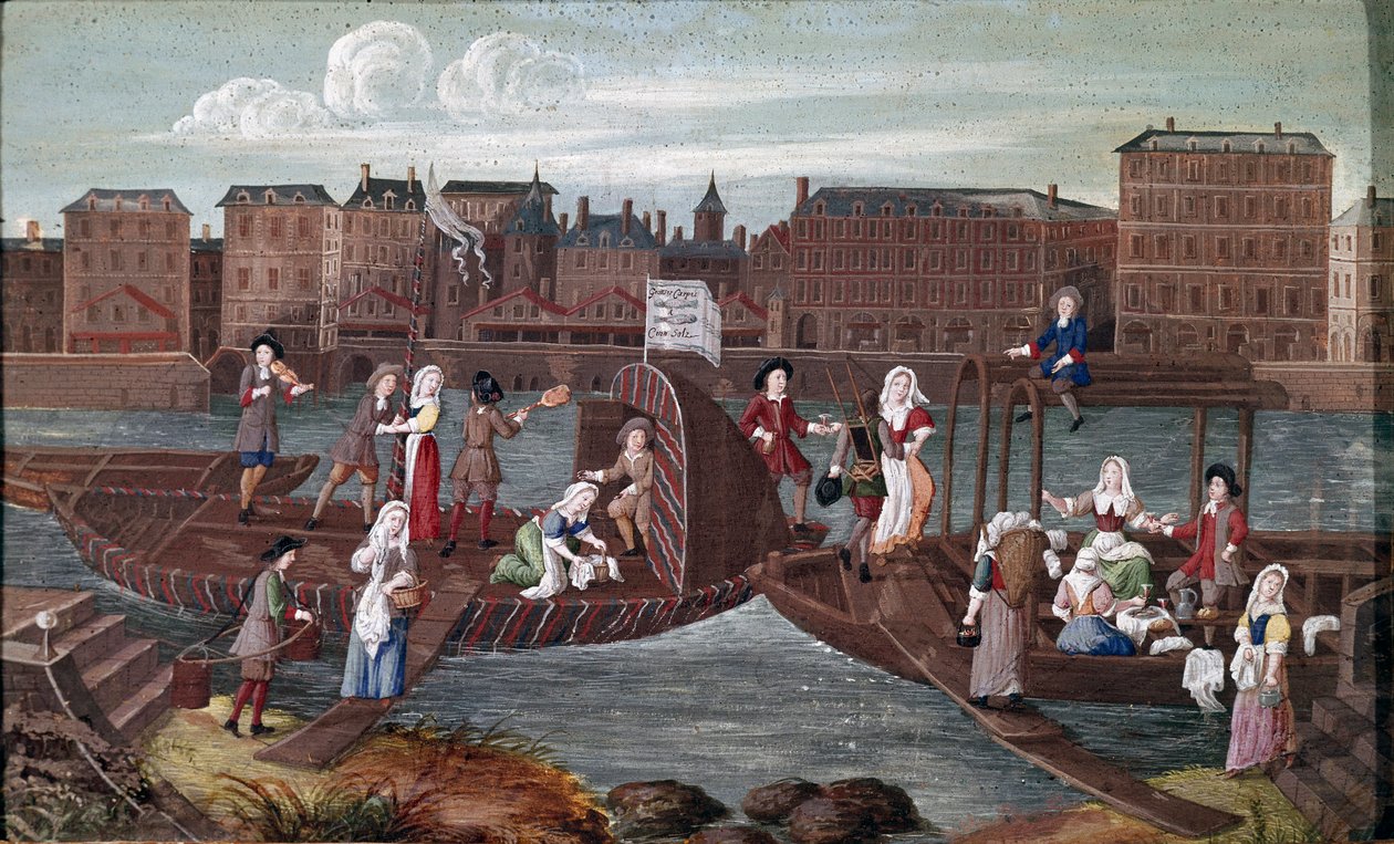 Peixe e alfazema nas costas. Detalhe nas costas mostrando o lazer dos lavanjeiros comendo, conversando com outros artesãos (porta-água, engraxador) e dançando em um barco no Sena. Pintura da escola francesa do século XVII de French School