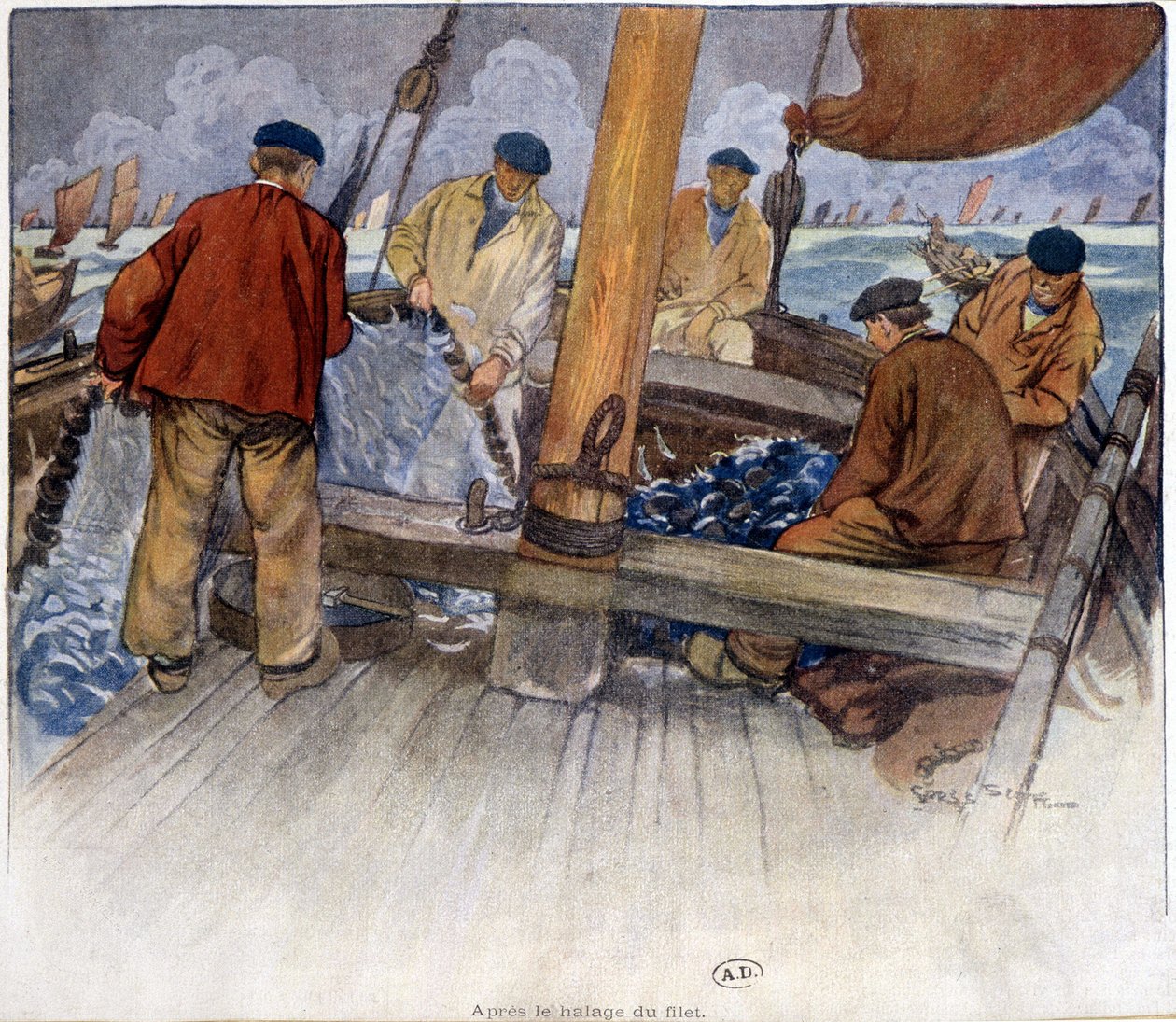 Pescadores a esvaziar uma rede a bordo de French School