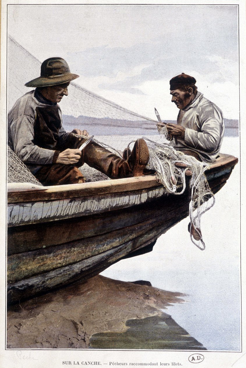 Pescadores a remar redes a bordo, v. 1895 de French School