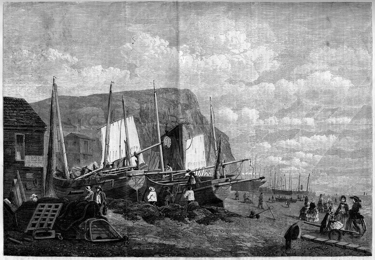 Barcos de pesca em Hastings Beach, Inglaterra de French School