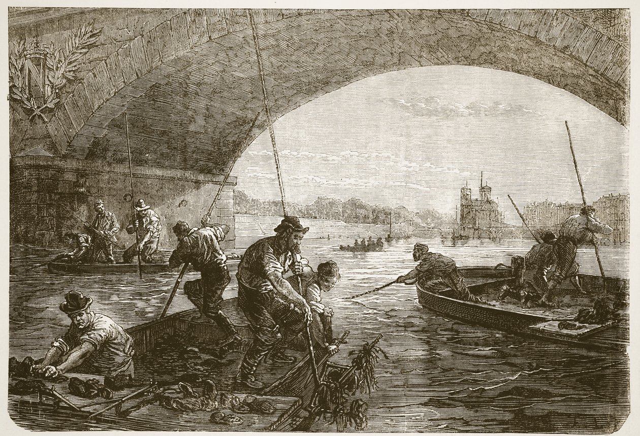 Pesca de armas no Sena, ilustração de Cassells História da Guerra entre França e Alemanha, 1870-1871 de French School