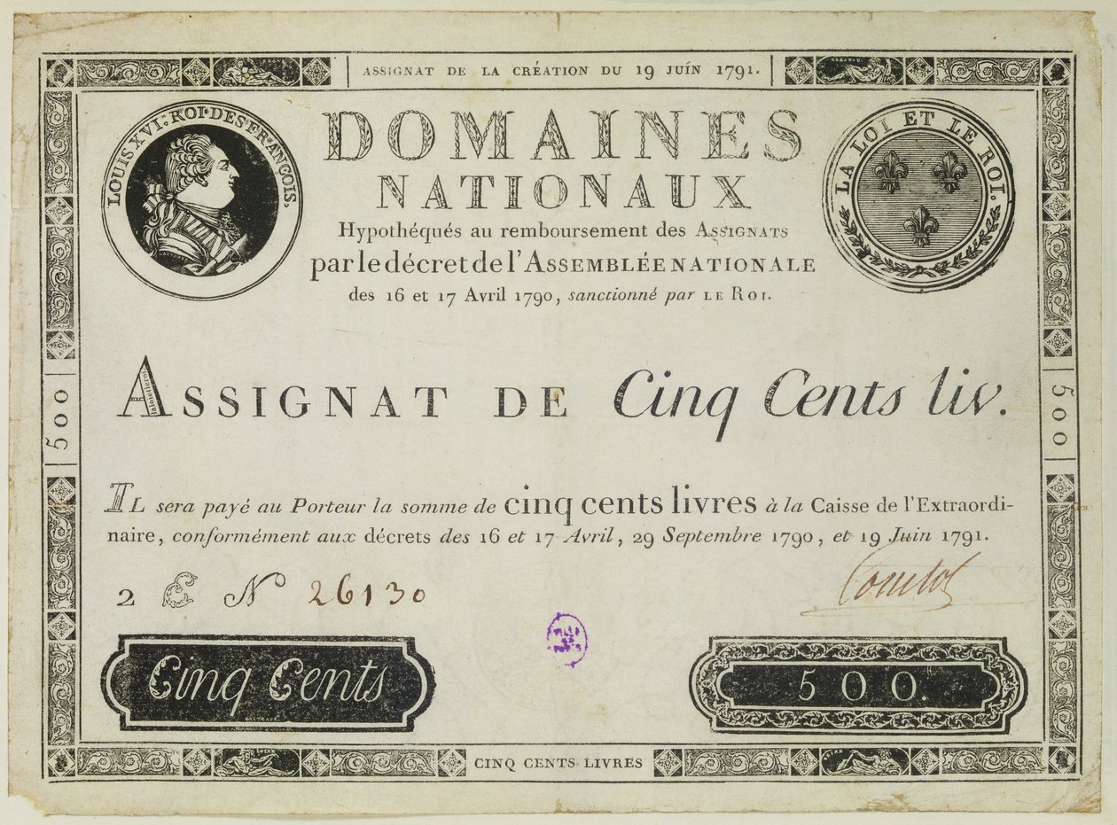 Nota de 500 francos, 19 de junho de 1791 de French School