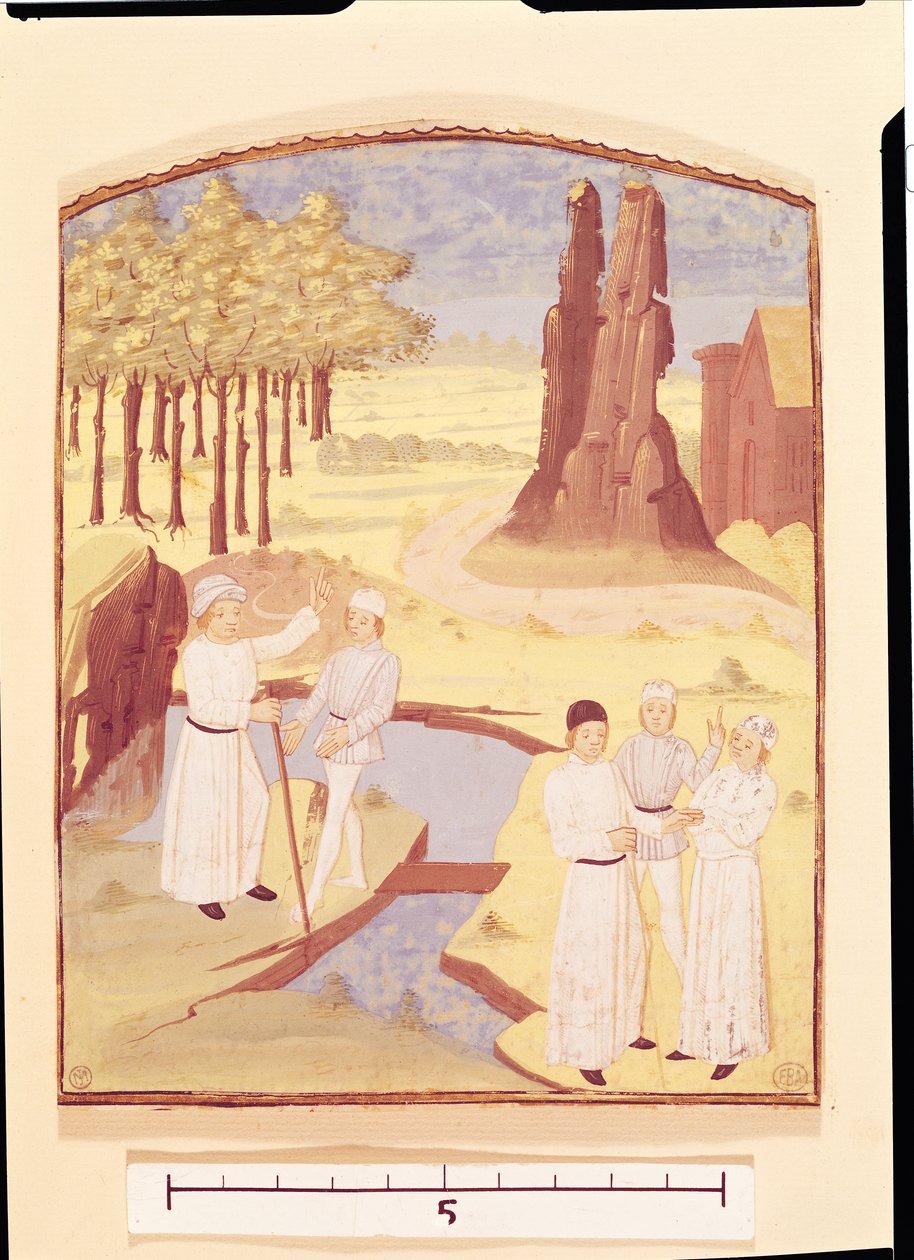 Cinco pessoas discutindo design de jardins, do Livre des Prouffitz Champestres de Pietro de Crescenzi (1230-132021) de French School