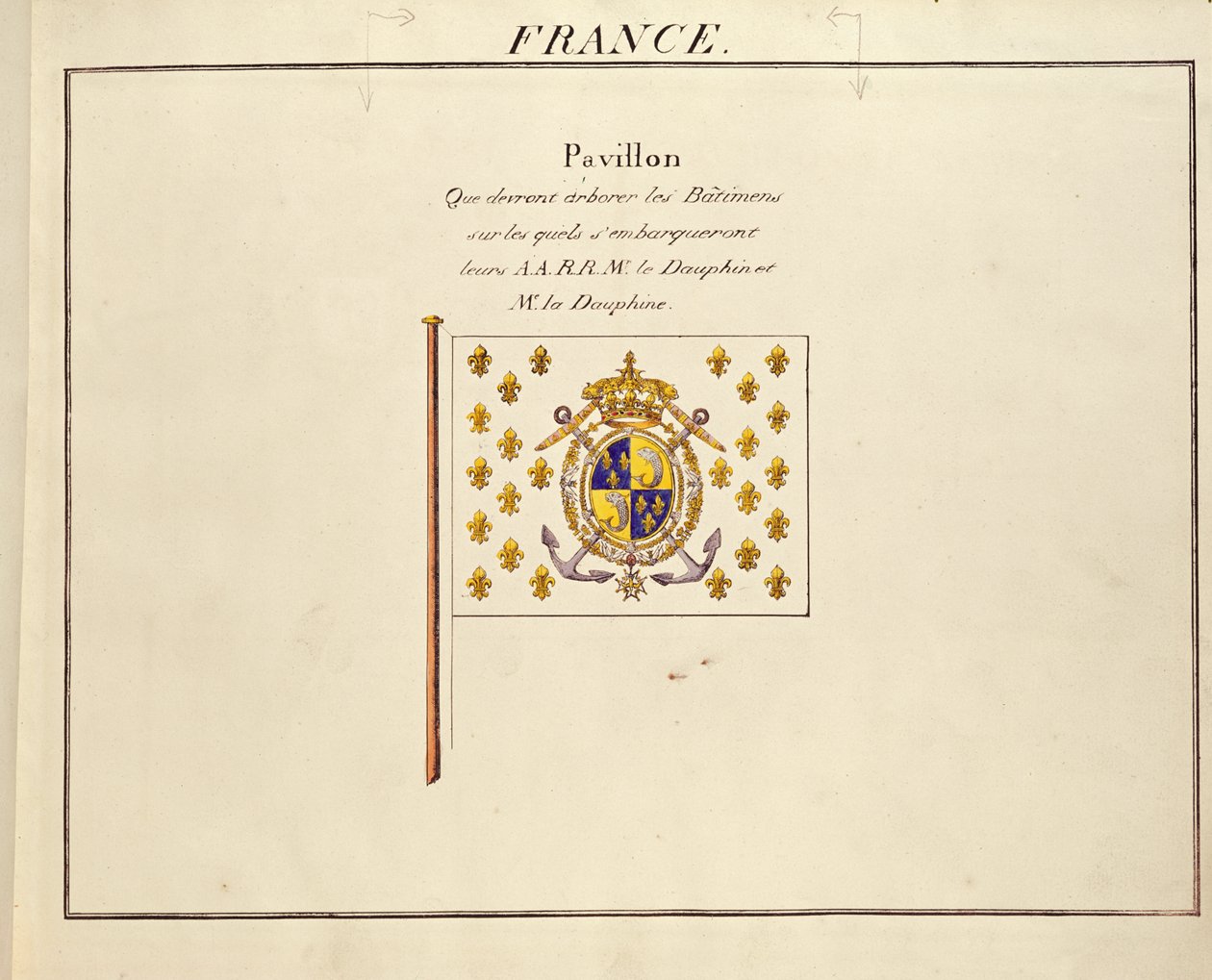 Bandeira do Dauphin e Dauphine, Louis-Antoine e Marie-Therese da França, de Pavillons des Puissances Maritimes, c.1815-30 (gravura a cores) de French School