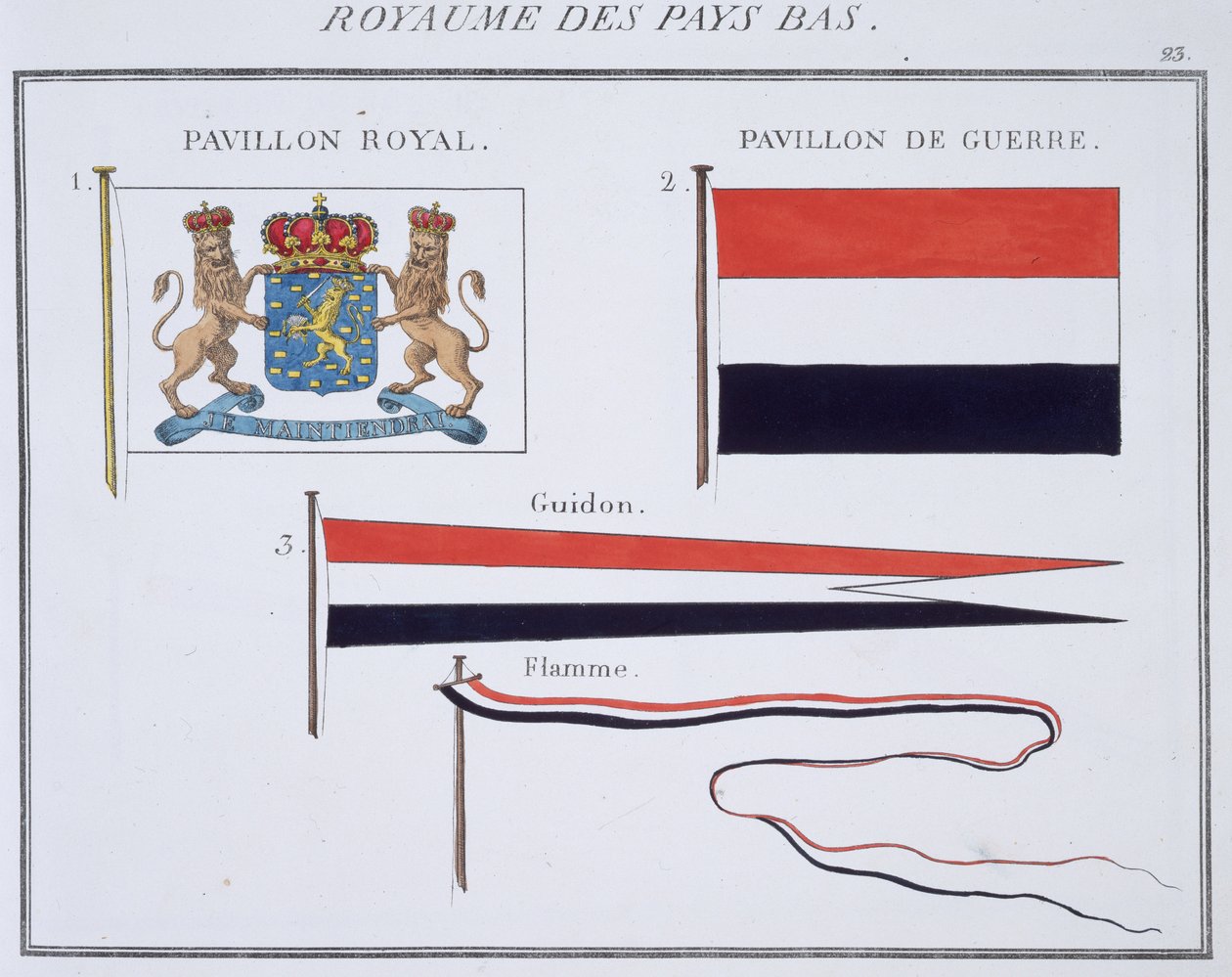 Bandeiras do Reino dos Países Baixos, de um livro francês de Bandeiras, c.1819 de French School