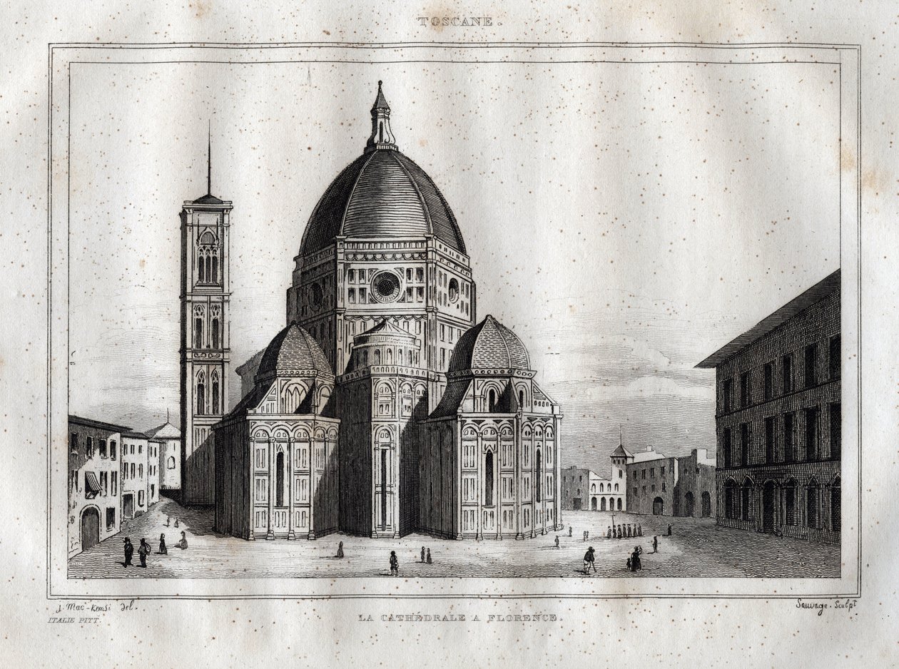 Catedral de Florença - Vista da Catedral de Florença (Duomo Santa Maria del Fiore). A cúpula foi feita por Filippo Brunelleschi por volta de 1420-1436, Florença, Itália - Gravura de "Itália Pitoresca" - Tabela Histórica e Descritiva da Itália" por M. de de French School