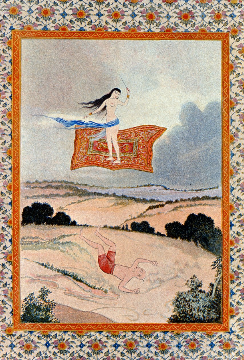 Fly, O Magic Carpet e Transport Me, ilustração das Mil e Uma Noites. 1895 (gravura a cores) de French School