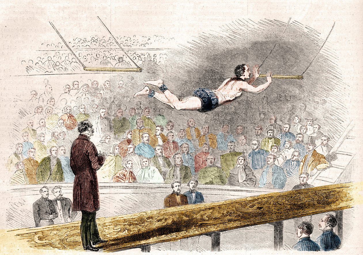 Número de trapézio voador pelo acrobata francês Jules Leotard (1839-1870) no Cirque de Napoleon (hoje, Cirque d
