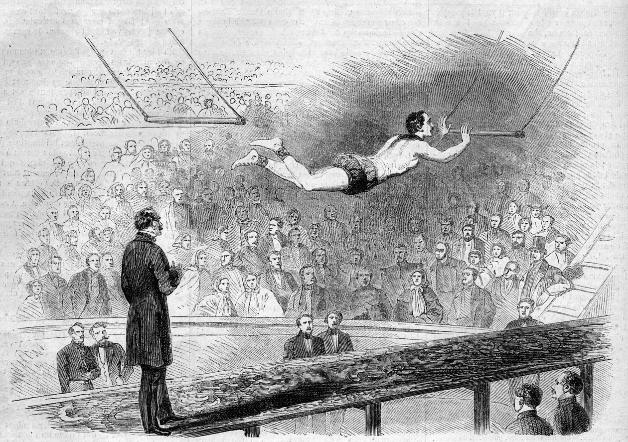 Número de trapézio voador pelo acrobata francês Jules Leotard (1839-1870) no Cirque de Napoleon (hoje, Cirque d