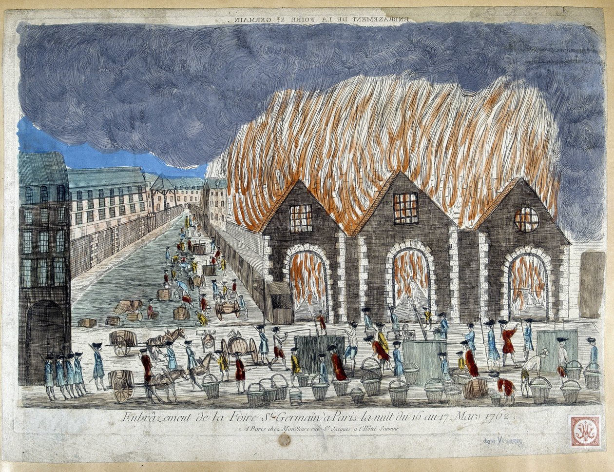 Foire Saint Germain em Paris, na noite de 16 para 17 de março de 1762 - gravura de French School