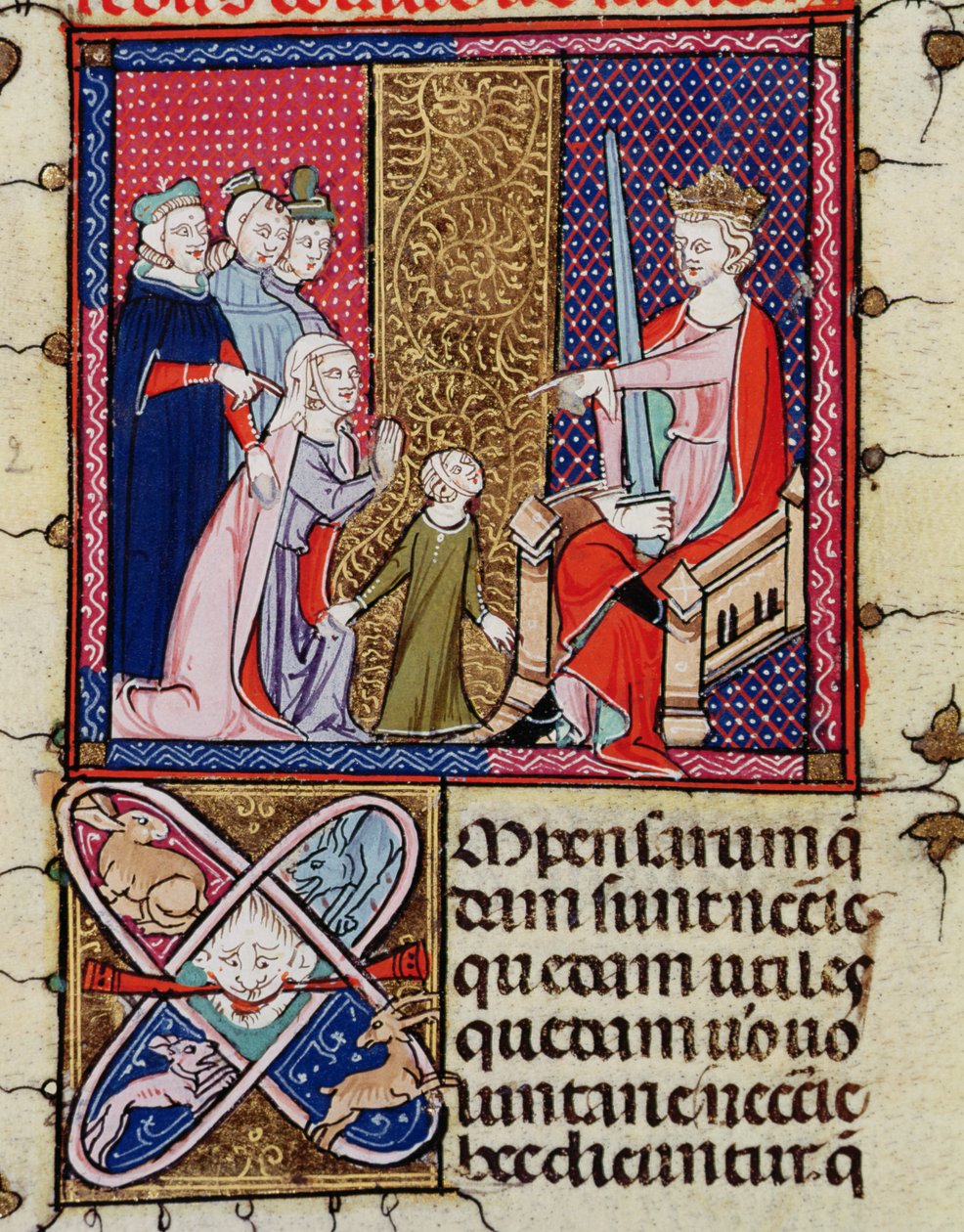 Fol.11v Uma criança e sua mãe aparecem diante de um juiz, de Justiniani em Fortiatum de French School