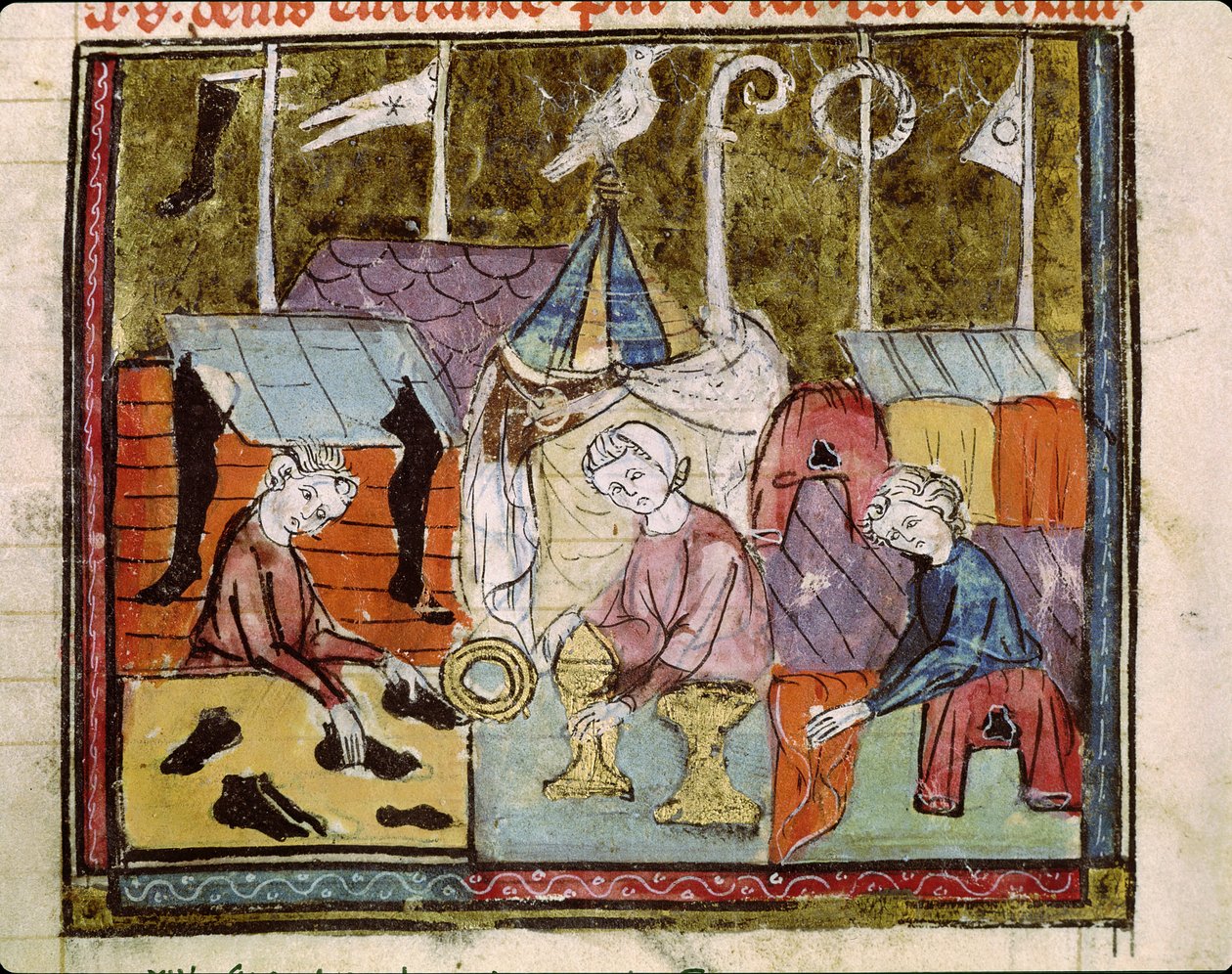 Fol.122v Mercadores na Feira Lendit perto de St. Denis, das Grandes Crônicas da França, 1375-79 de French School