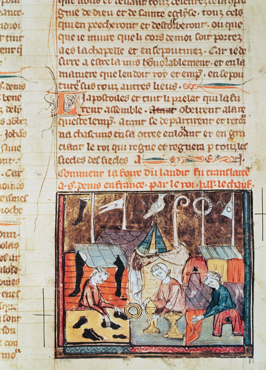 Fol.122v Mercadores na Feira Lendit perto de St. Denis, das Grandes Crônicas da França, 1375-79 de French School