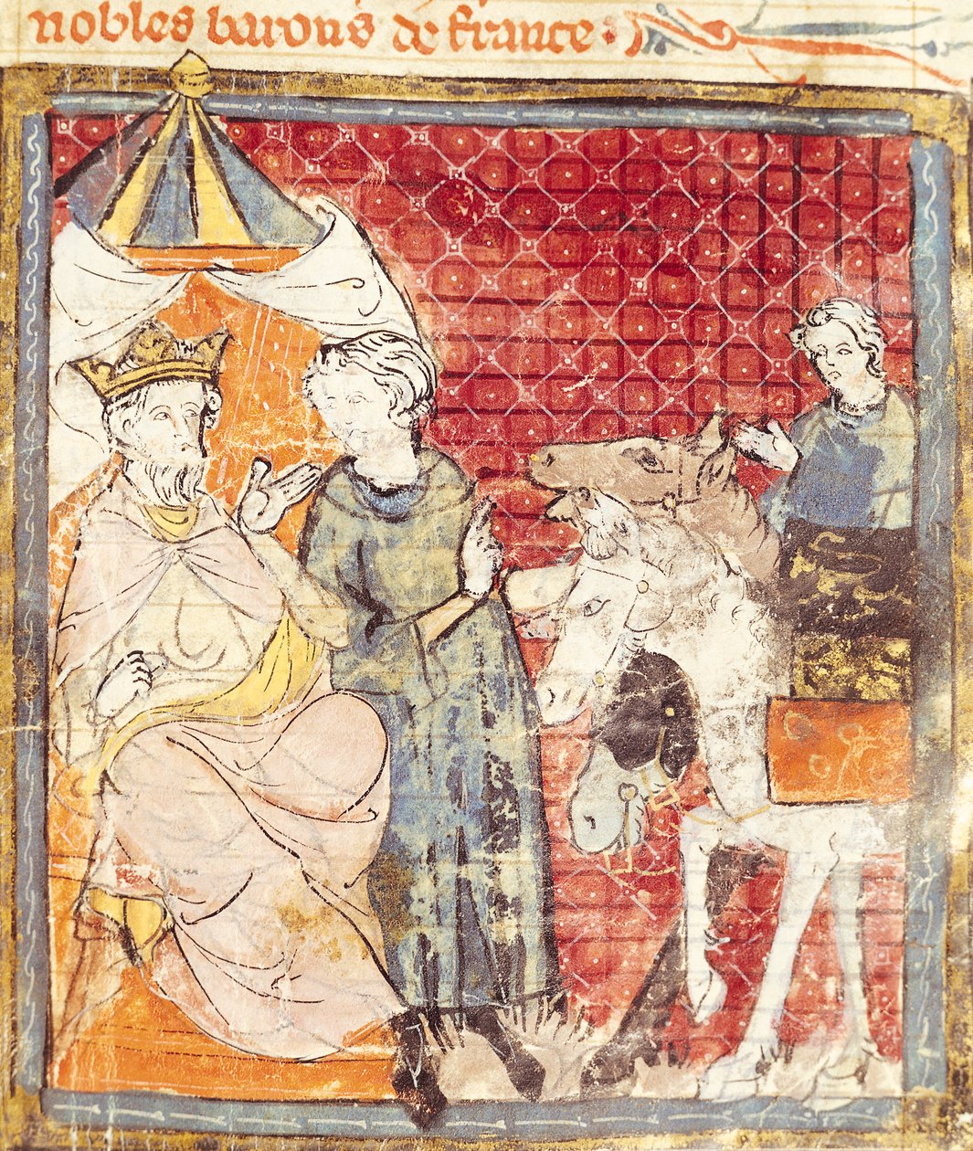 Fol.133r Roland se despede de Carlos Magno (742-814), Grandes Crônicas da França, 1375-79 de French School