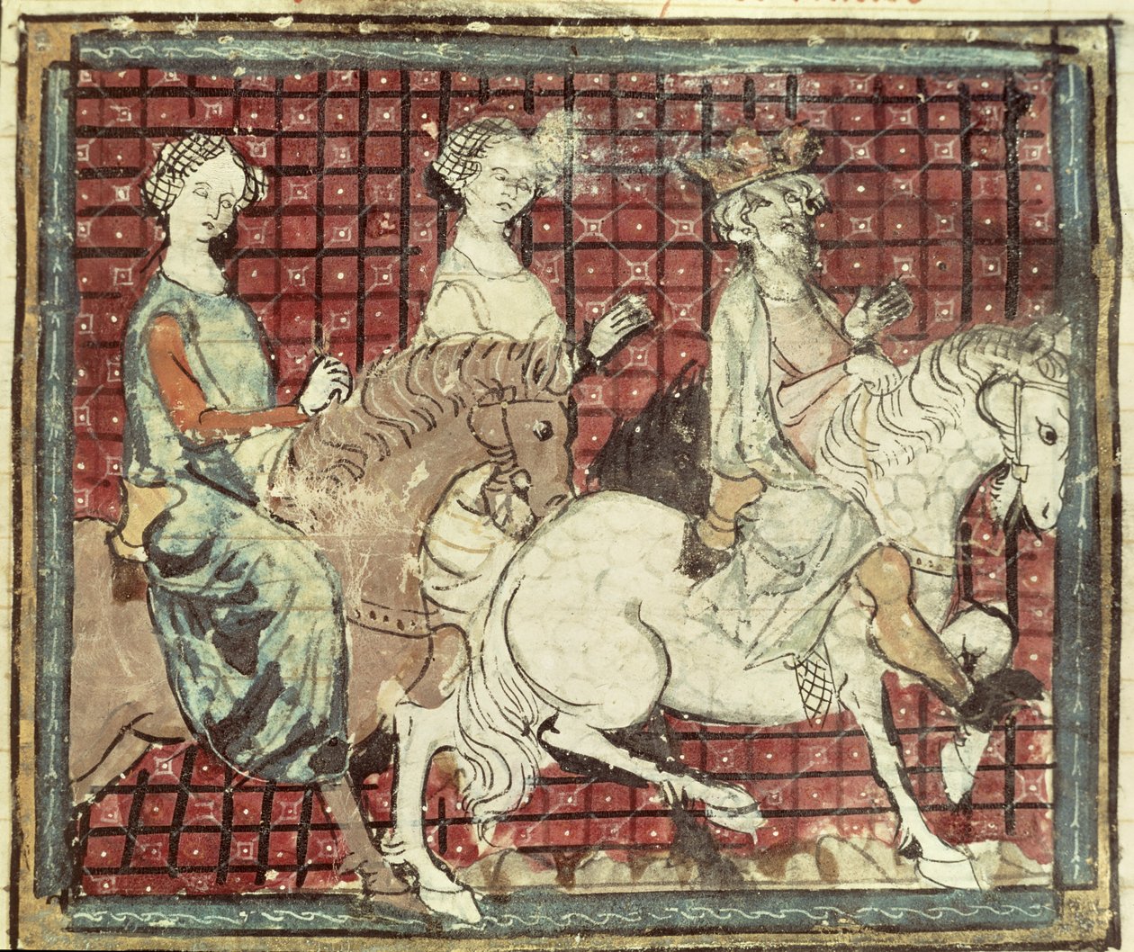 Fol.31r Chilperic I (543-97) e Fredegonde a cavalo, das Grandes Chroniques de France, 1375-79 de French School