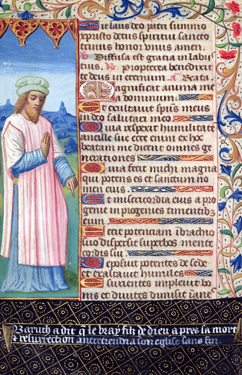 Fol.36v Texto do Magnificat com um retrato de Baruch, de Heures a lusage de Rome de French School