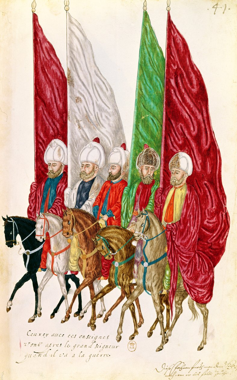 Fol.41 Homens com Padrões Seguindo o Senhor para a Guerra, a partir dos costumes e trajes e fatos de países diferentes "do Leste", cópia de um original de 1513 de French School