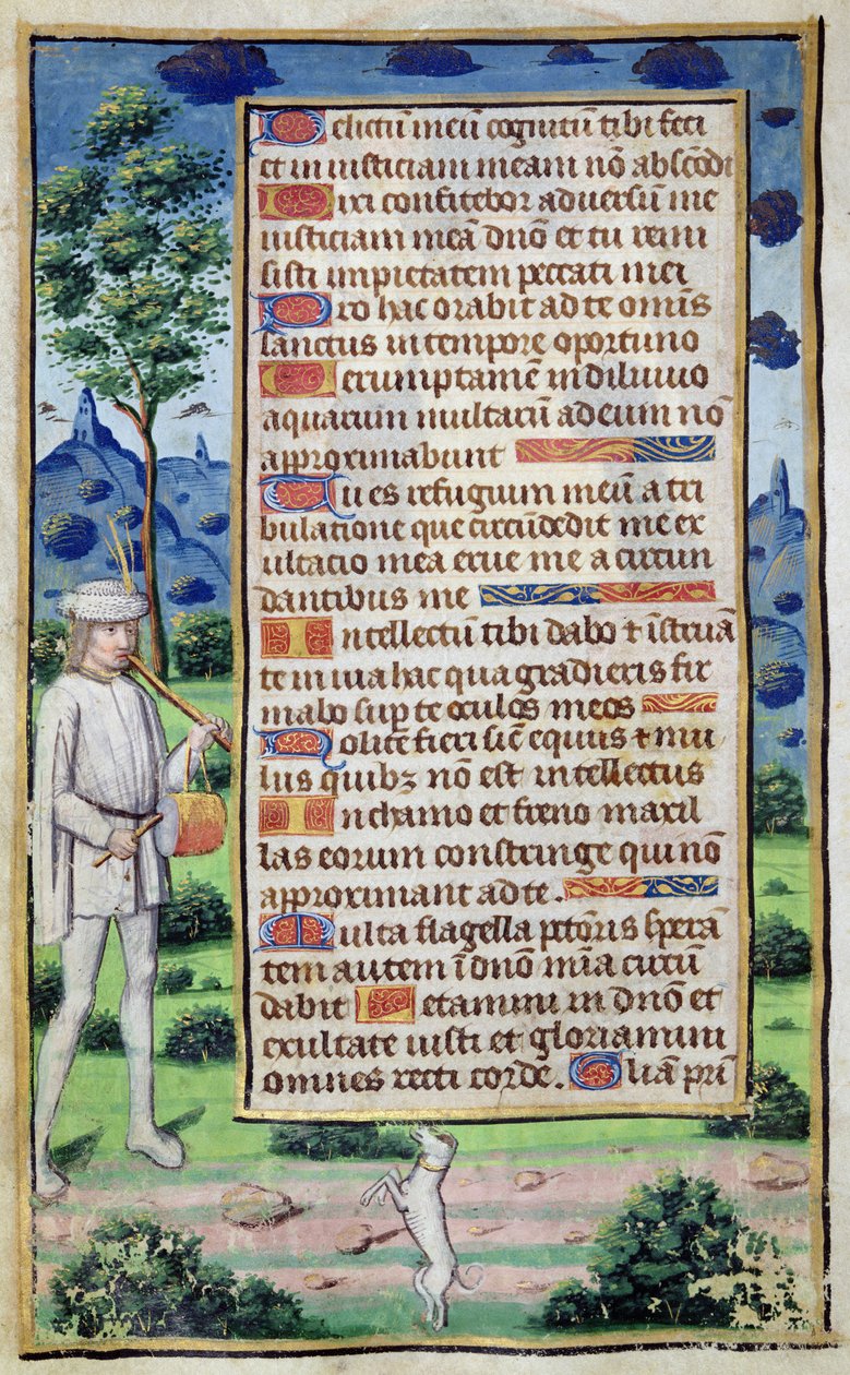 Fol.50v Página de texto com o detalhe de um músico que faz o seu cão dançar, de 