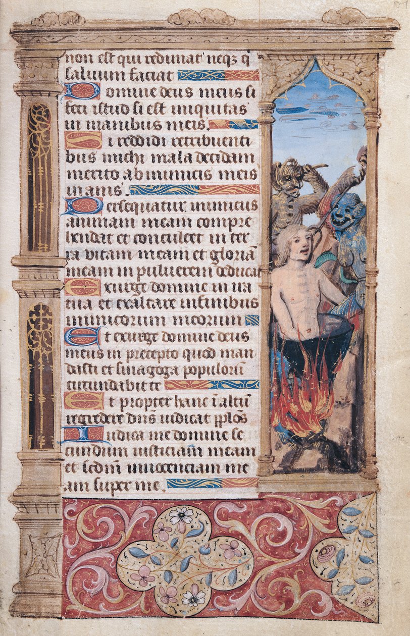 Fol.67r Página de texto com um detalhe na borda de um homem sendo torturado por dois demônios, de "Heures de l" Usage de Rome " de French School