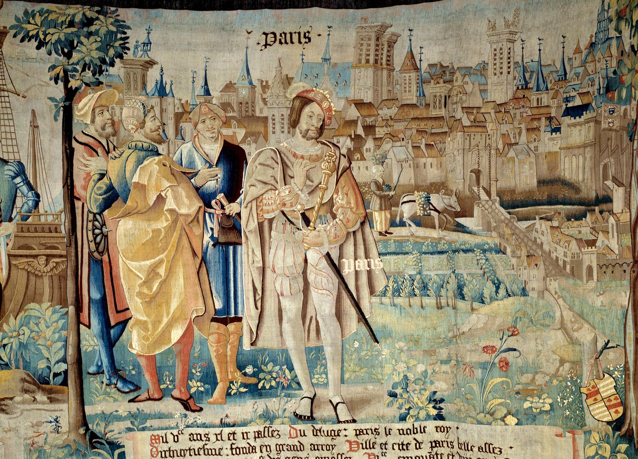 Fondation de la ville de Paris. O rei Francisco I (1494-1547) decidiu estabelecer a sua capital permanente em Paris quando regressou de cativeiro em 1527. Tapeçaria de "A fabulosa história dos Gauleses", feita pela oficina de Arras. 1530 Beauvais, partida de French School