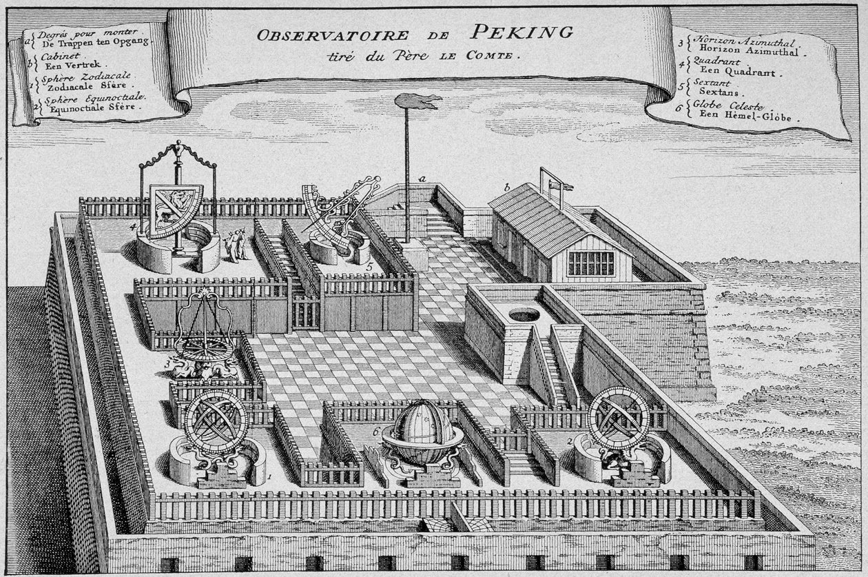 Antigo observatório chinês em Pequim - baseado numa gravura em cobre de "A História de Viagens" de 1747 de French School