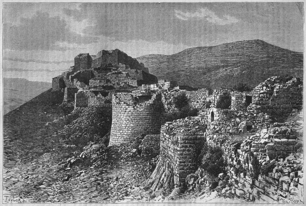 Fortaleza de Baniyas, da Síria hoje. Viajar para a Fenícia, o Líbano e a Judéia. 1875-1880 de Louis Charles Emile Lortet, 1884 (gravura do bw) de French School