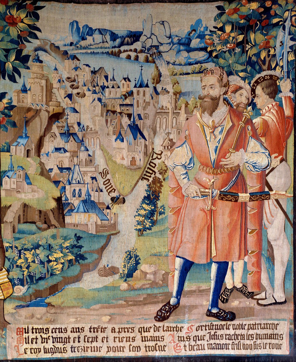Fundação da cidade de Lyon: Lugdus neto de Galathes, fundador da Gália, com companheiros, atrás dele, a cidade de Lyon na confluência do Ródano e do Saône, as montanhas dos Alpes ao longe. Tapeçaria de "A fabulosa história da Gália". de French School