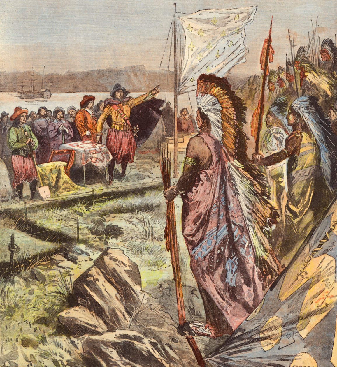 Fundação da cidade do Quebeque por Samuel de Champlain (litografia a cores) de French School