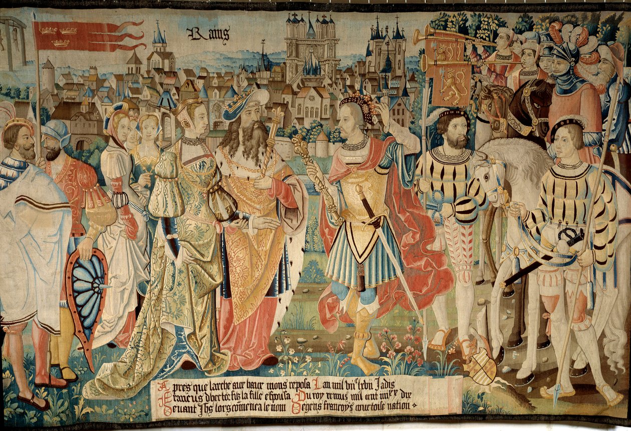 Fundação da cidade de Reims: Remus casou sua filha com o rei Francus, filho de Hector. Tapeçaria de "A fabulosa história dos Gauleses", feita pela oficina de Arras. de French School