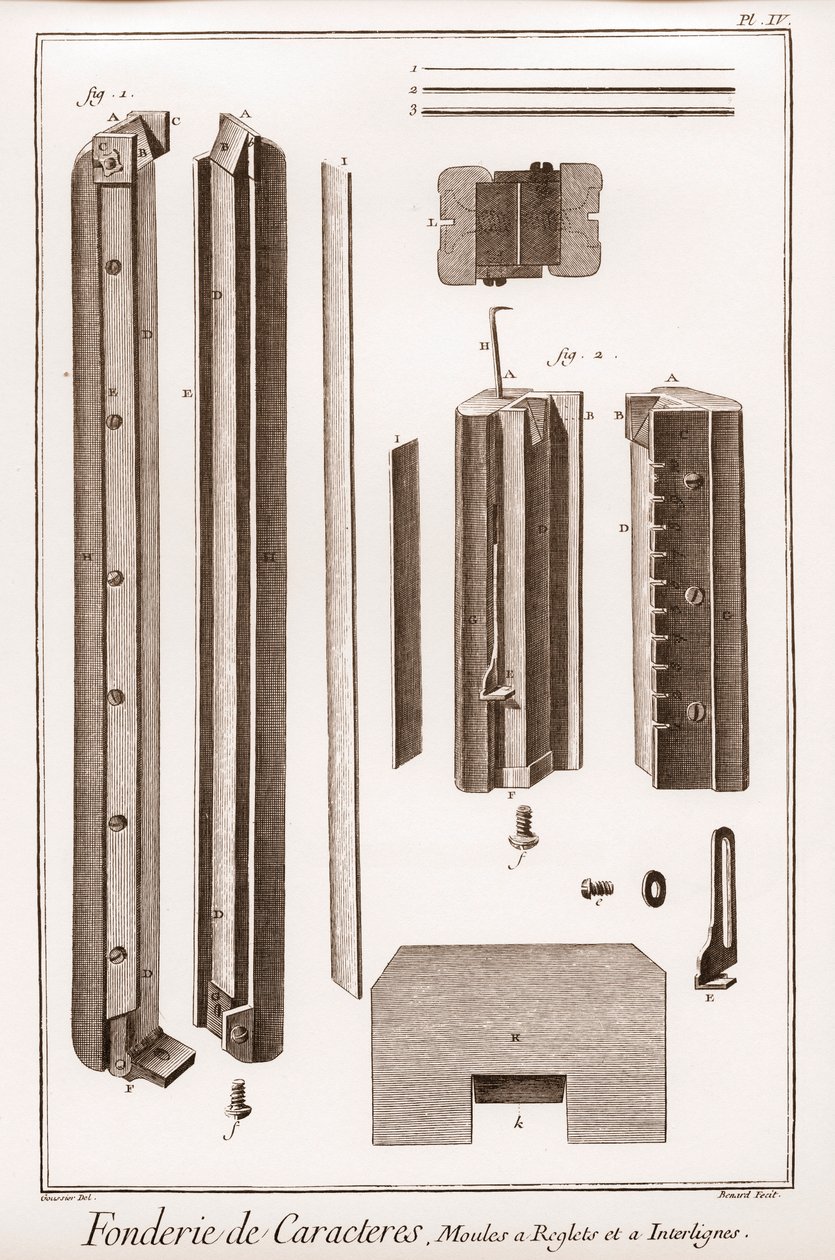 Fundição em personagens - "The Great Encyclopedie, ou Dictionnaire Raisonne des Sciences, des Arts et des Metiers" (Enciclopédia ou Dicionário das Ciências, Artes e Profissões) de Denis Diderot (1713-1784) e Jean d