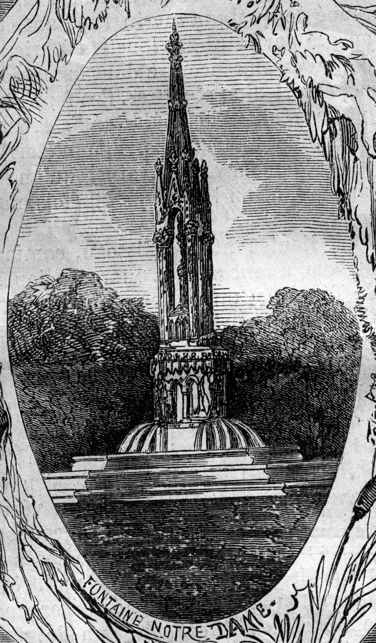 Fonte de Paris: vista da Fonte da Virgem (Fonte de Notre Dame) (cerca de 1845). Gravura em "Le Monde Illustré" n°254 de 22 de fevereiro de French School