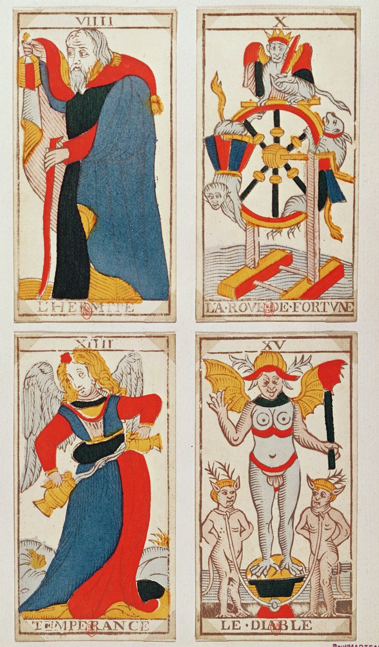 Quatro cartas de Tarot representando O Eremita, A Roda da Fortuna, Temperança e O Diabo (gravura em madeira colorida) de French School