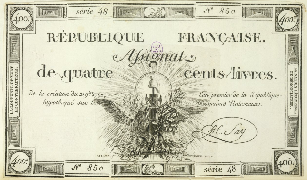 Quatrocentos notas de livre, 21 de setembro de 1792 de French School