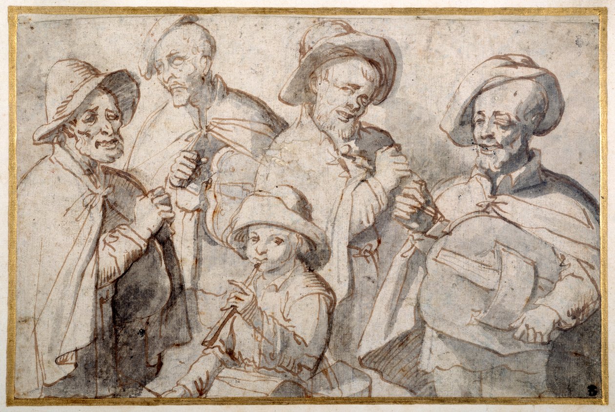 Quatro jogadores de hurdy-gurdy e um rapaz com um cano, School of Lorraine (caneta e tinta com lavagem em papel) de French School