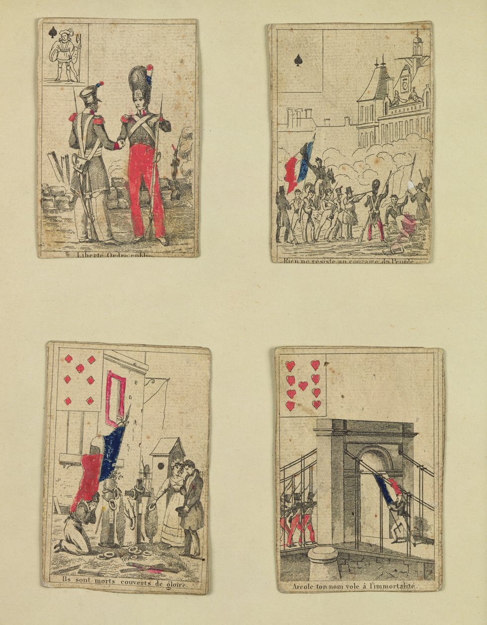 Quatro cartas de baralho comemorando os heróis de julho de 1830, 1831 de French School