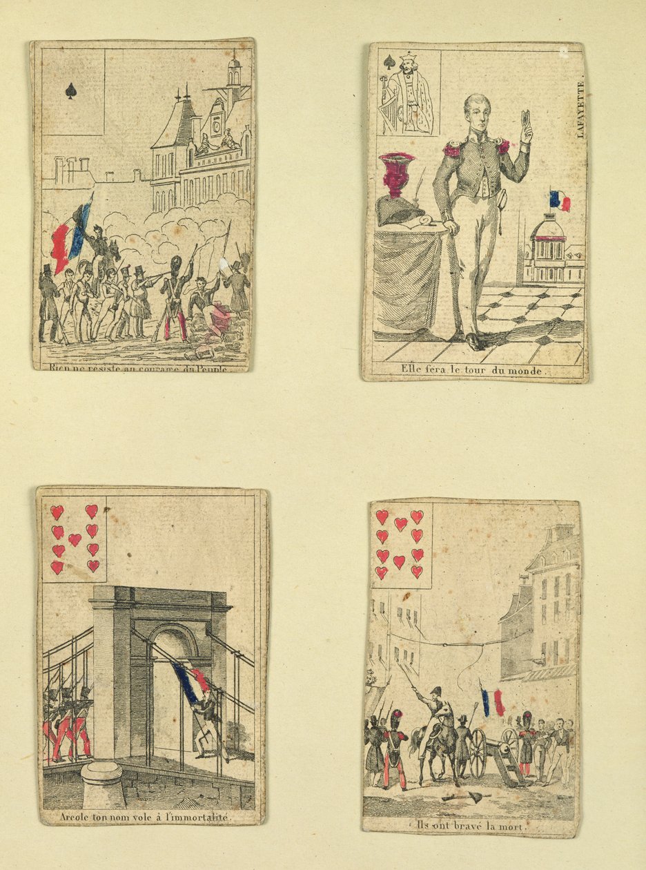 Quatro cartas de baralho comemorando os heróis de julho de 1830, 1831 de French School