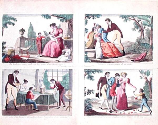 Quatro cenas retratando as responsabilidades parentais, início do século XIX (gravura colorida) de French School