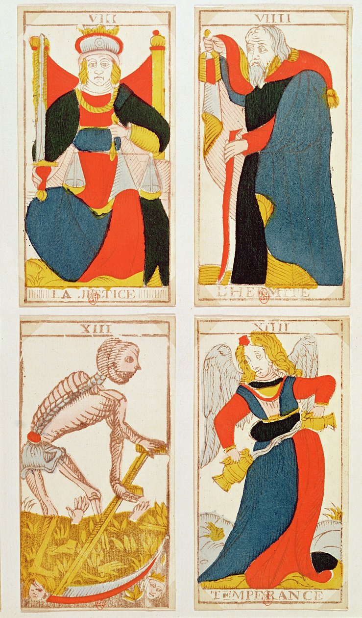 Quatro cartas de tarô representando Justiça, Temperança, Morte e O Eremita (gravura em madeira colorida) de French School