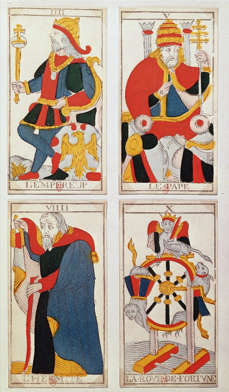 Quatro cartas de tarô representando O Imperador, O Papa, O Eremita e A Roda da Fortuna (gravura em madeira colorida) de French School