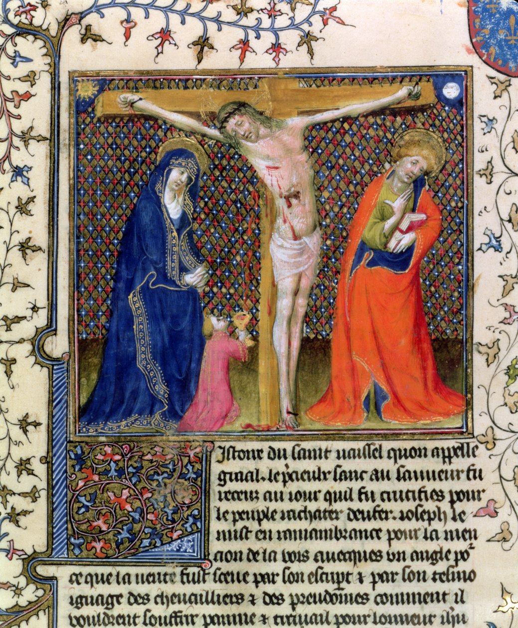 Fr.120. f.520 José de Arimatéia coletando o sangue do Cristo Crucificado, de La Quite de Saint Graal de French School